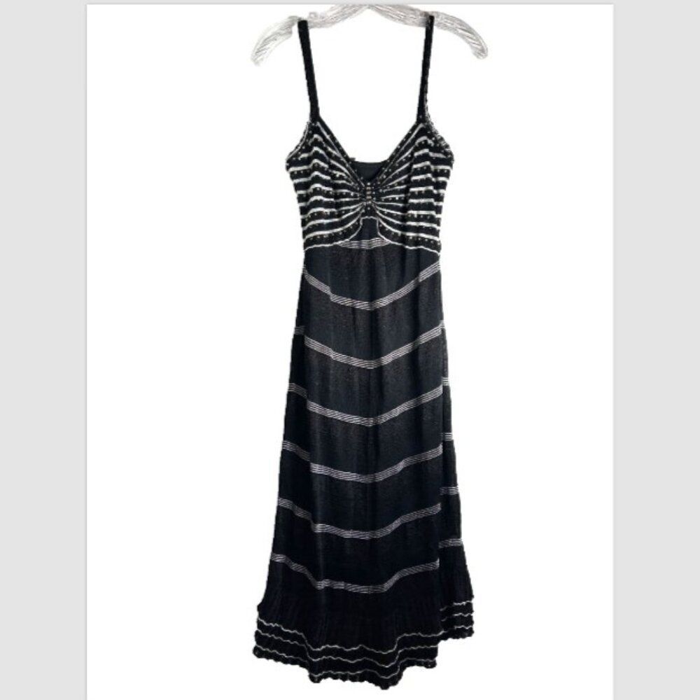 Karen Millen ladies cocktail dress 2 black VTG beaded silver knit capsule LBD